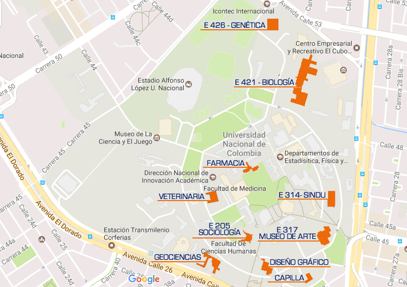 Mapa Universidad de Colombia. localización proyectos cubiertas